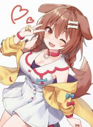 Rule 34 | 1girl, animal ears, bone hair ornament, braid, breasts, brown eyes, brown hair, cleavage, collar, dog ears, dog girl, dog tail, dress, fangs, hair ornament, heart, highres, hololive, inugami korone, inugami korone (1st costume), jacket, large breasts, minazuki mizu, one eye closed, open mouth, red collar, smile, tail, twin braids, v, virtual youtuber, white dress, wristband, yellow jacket, yellow nails