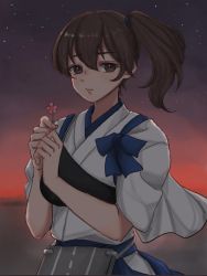 Rule 34 | 1girl, breasts, brown eyes, brown hair, closed mouth, commentary request, evening, female focus, flower, hair between eyes, highres, holding, holding flower, japanese clothes, kaga (kancolle), kantai collection, looking at viewer, muneate, outdoors, pink flower, rin (rin niji), side ponytail, sky, solo, star (sky), tasuki, upper body