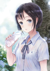 Rule 34 | 1girl, black hair, blue eyes, blush, bottle, bra, breasts, commentary request, fujita hidetoshi, looking at viewer, open mouth, original, school uniform, see-through, shirt, short hair, small breasts, solo, underwear, upper body, water bottle, wet, wet clothes, white bra, white shirt