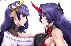 Rule 34 | 2girls, armor, asymmetrical docking, bare shoulders, breast press, breasts, closed mouth, company connection, crossover, genshin impact, hair ornament, honkai (series), honkai impact 3rd, horns, japanese armor, japanese clothes, large breasts, lion space, long hair, looking at another, mihoyo, mole, mole under eye, multiple girls, name connection, power connection, purple eyes, purple hair, raiden mei, raiden mei (herrscher of thunder), raiden shogun, sawashiro miyuki, simple background, symmetrical docking, upper body, voice actor connection, white background