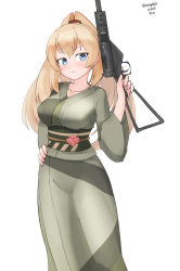 Rule 34 | 1girl, blonde hair, blue eyes, breasts, dated, green kimono, japanese clothes, kantai collection, kimono, large breasts, long hair, maru (marg0613), official alternate costume, one-hour drawing challenge, pointing, pointing up, ponytail, simple background, solo, standing, twitter username, victorious (kancolle), white background, yukata