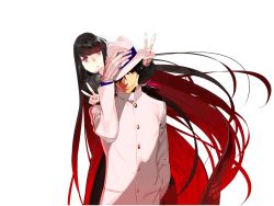 Rule 34 | 1boy, 1girl, black hair, double v, fate/grand order, fate (series), formal, gloves, hat, koha-ace, long hair, multicolored hair, oryou (fate), pako (pakosun), red eyes, sakamoto ryouma (fate), suit, v, very long hair, white suit