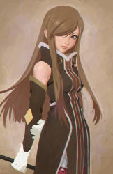 Rule 34 | 00s, 1girl, arms behind back, brown hair, derivative work, detached sleeves, gloves, hair over one eye, hairband, ilya kuvshinov, lips, long hair, smile, solo, tales of (series), tales of the abyss, tear grants
