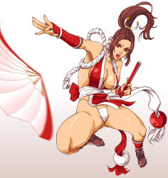 Rule 34 | 1girl, bad id, bad pixiv id, bouzu oyaji, breasts, brown eyes, brown hair, cleavage, cleft of venus, fatal fury, folded fan, folding fan, hand fan, ikumo taisuke, japanese clothes, large breasts, panties, pelvic curtain, ponytail, revealing clothes, rope, shiranui mai, snk, solo, the king of fighters, underwear