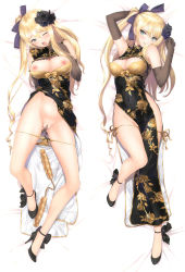 Rule 34 | 1girl, absurdres, ankle ribbon, arm up, armpits, bare legs, black dress, black gloves, blonde hair, bra, breasts, china dress, chinese clothes, cleavage, cleavage cutout, cleft of venus, clothing cutout, covered navel, dakimakura (medium), dress, earrings, elbow gloves, flower, full body, gloves, green eyes, hair flower, hair ornament, hair ribbon, heart, heart earrings, high heels, highres, jewelry, jin-lian (tony taka), leg ribbon, long hair, lying, medium breasts, nipples, no socks, on back, one eye closed, one side up, original, panties, panty pull, parted lips, pumps, pussy, pussy juice, ribbon, scan, sex toy, shoes, side-tie panties, side slit, solo, spread legs, tongue, tongue out, tony taka, underwear, very long hair, yellow bra, yellow panties