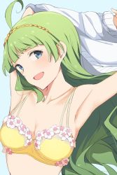Rule 34 | 1girl, ahoge, armpits, bare shoulders, blue eyes, blush, bra, clothes pull, collarbone, flower, green hair, hairband, highres, hiroki (yyqw7151), idolmaster, idolmaster million live!, long hair, looking to the side, open mouth, shimabara elena, simple background, solo, sweater, sweater pull, underwear, upper body, yellow bra