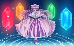 Rule 34 | 1girl, book, boots, crescent, crystal, dress, female focus, hair ribbon, hat, highres, long hair, nekominase, patchouli knowledge, pointing, purple eyes, purple hair, rainbow order, ribbon, solo, touhou, very long hair
