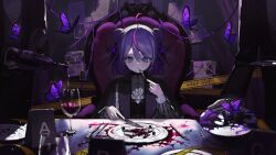 Rule 34 | 1girl, alcohol, blood, blood splatter, blue eyes, bottle, bug, butler, butterfly, caution tape, cup, double bun, drinking glass, faceless, fork, hair bun, highres, holding, holding fork, holding knife, indie virtual youtuber, insect, knife, medium hair, meitantei marimu, plate, pouring, purple hair, red wine, sitting, solo focus, table, tablecloth, throne, wine, wine bottle, wine glass, youichi (45 01)