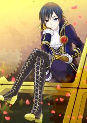 Rule 34 | 1boy, arm support, ascot, blue eyes, blue hair, boots, boutonniere, head rest, cross-laced footwear, flower, gloves, high collar, kaito (vocaloid), kikuchi mataha, lace-up boots, crossed legs, looking at viewer, male focus, matching hair/eyes, petals, project diva, project diva (series), project diva f, rose, scar, short hair, sitting, smile, solo, vocaloid