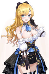 Rule 34 | 1girl, absurdres, ascot, black gloves, blonde hair, blue ascot, blue eyes, blush, breasts, cleavage, cleavage cutout, clothing cutout, deen (hnxp8555), detached sleeves, gloves, heart stickers, highres, idolmaster, idolmaster cinderella girls, idolmaster cinderella girls starlight stage, large breasts, long hair, looking at viewer, ohtsuki yui, simple background, smile, solo, very long hair, wavy hair, white background
