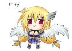 Rule 34 | 1girl, :&gt;, angel wings, artist request, astraea (sora no otoshimono), blonde hair, breasts, chibi, cleavage, female focus, full body, hands on own hips, long hair, red eyes, skirt, solo, sora no otoshimono, twintails, white background, wings