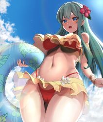 Rule 34 | 1girl, :d, bikini, bikini skirt, blue eyes, blue sky, blush, breasts, cameltoe, cloud, commentary request, commission, day, dyne gallon, flower, frilled bikini, frills, green hair, hair flower, hair ornament, hibiscus, highres, holding, holding swim ring, innertube, long hair, looking at viewer, medium breasts, navel, open mouth, original, outdoors, red bikini, skeb commission, sky, smile, solo, standing, stomach, swim ring, swimsuit, thighs, very long hair, wide hips