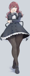 Rule 34 | 1girl, alp, assault lily, black footwear, black ribbon, black skirt, blue eyes, breasts, brown hair, brown pantyhose, buttons, commentary request, cropped jacket, crossed legs, frilled skirt, frills, from below, full body, grey background, half-closed eyes, hand on own cheek, hand on own elbow, hand on own face, hand up, high-waist skirt, highres, index finger raised, juliet sleeves, kaede johan nouvel, loafers, long hair, long legs, long sleeves, looking at viewer, looking down, medium breasts, neck ribbon, open mouth, pantyhose, puffy sleeves, ribbon, school uniform, shirt, shoes, simple background, skirt, solo, standing, teeth, tiptoes, upper teeth only, wavy hair, white shirt, yurigaoka girls academy school uniform