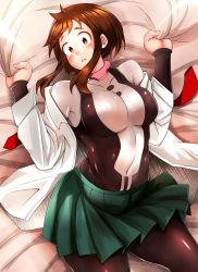Rule 34 | 1girl, adahcm, bed sheet, black bodysuit, blush, bodysuit, boku no hero academia, breasts, brown eyes, brown hair, commentary request, covered collarbone, covered navel, from above, green skirt, hands up, head tilt, highres, large breasts, long sleeves, looking at viewer, lying, medium skirt, on back, open clothes, open shirt, parted lips, pleated skirt, sheet grab, shiny clothes, shirt, short hair, sidelocks, skirt, solo, uraraka ochako, white bodysuit, white shirt