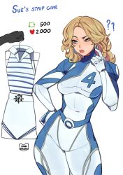 1girl blonde_hair blue_bodysuit blue_eyes bodysuit breasts earrings fantastic_four highres jewelry kamii_momoru large_breasts long_hair marvel marvel_rivals simple_background sue_storm superhero_costume two-tone_bodysuit white_bodysuit