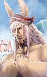 Rule 34 | 2boys, animal ears, blue sky, blunt bangs, body fur, cai geng, commentary request, ears through headwear, facial hair, furry, furry male, goatee, hat, hokuto no ken, horns, kenshiro, long hair, made in abyss, male focus, manly, mitty (made in abyss), multiple boys, nanachi (made in abyss), parody, rabbit ears, sky, toki (hokuto no ken), white hair