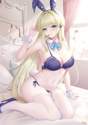 Rule 34 | 1girl, adapted costume, animal ears, armpits, bed, bed sheet, blonde hair, blue archive, blue bow, blue bowtie, blue bra, blue eyes, blue footwear, blue panties, blush, bow, bowtie, bra, braid, breasts, closed mouth, commentary request, curtains, detached collar, fake animal ears, fake tail, high heels, highres, indoors, large breasts, long hair, looking at viewer, nanoda002 (saber427), panties, petals, pillow, rabbit ears, rabbit tail, signature, smile, solo, tail, thighhighs, toki (blue archive), toki (bunny) (blue archive), underwear, white thighhighs, window, wrist cuffs