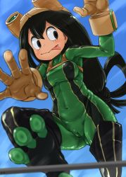 Rule 34 | 10s, 1girl, 4shi, :p, against glass, asui tsuyu, black eyes, black hair, bodysuit, boku no hero academia, boots, breasts, cameltoe, covered erect nipples, covered navel, glass, gloves, goggles, goggles on head, hair rings, highres, long hair, small breasts, solo, thigh boots, thighhighs, tongue, tongue out