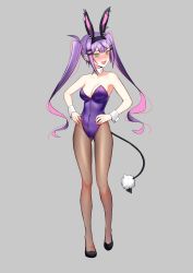Rule 34 | absurdres, animal ears, artpatient, blush, breasts, covered navel, demon girl, demon tail, detached collar, ear piercing, fake animal ears, full body, green eyes, grey background, hair ornament, hairclip, highres, hololive, long hair, medium breasts, multicolored hair, open mouth, pantyhose, piercing, pink hair, playboy bunny, pointy ears, purple hair, rabbit ears, rabbit tail, streaked hair, tail, tail ornament, tears, tokoyami towa, twintails, virtual youtuber, wrist cuffs