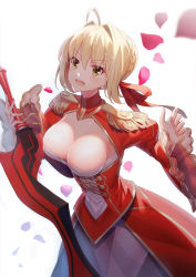 Rule 34 | 1girl, aestus estus, ahoge, backlighting, blonde hair, blush, braid, breasts, cleavage, cowboy shot, dress, epaulettes, fate/grand order, fate (series), french braid, green eyes, hair intakes, highres, holding, holding sword, holding weapon, large breasts, nero claudius (fate), nero claudius (fate) (all), nero claudius (fate/extra), open mouth, petals, red dress, ririko (zhuoyandesailaer), rose petals, sidelocks, simple background, smile, solo, sword, thighs, tsurime, weapon, white background