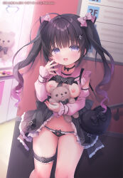 Rule 34 | 1girl, :d, bag, black bra, black hair, black panties, black skirt, blush, bow, bow panties, bra, bra lift, breasts, breasts out, clothes lift, commentary request, crane game, fang, gradient hair, hair bow, hair ornament, hand up, heart, heart-shaped bag, heart hair ornament, indoors, jirai kei, lifted by self, long sleeves, looking at viewer, medium breasts, multicolored hair, nail polish, nipples, open mouth, original, panties, pink bow, pink nails, pink shirt, pleated skirt, puffy long sleeves, puffy sleeves, purple eyes, purple hair, shirt, shoulder bag, skirt, skirt lift, sleeves past wrists, smile, solo, stuffed animal, stuffed toy, teddy bear, twintails, underwear, usashiro mani