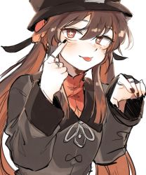 Rule 34 | 1girl, akanbe, black hat, black nails, blush, brown hair, commentary request, eyelid pull, finger to eye, flower-shaped pupils, genshin impact, hat, highres, hu tao (genshin impact), isaraa 005, jewelry, korean commentary, long hair, long sleeves, low twintails, multiple rings, nail polish, red eyes, ring, sidelocks, simple background, solo, symbol-shaped pupils, tongue, tongue out, twintails, upper body, white background
