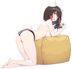 Rule 34 | 1girl, absurdres, animal ears, ass, bare legs, barefoot, black hair, black panties, blush, breasts, cloba, feet, handheld game console, highres, holding, holding handheld game console, large breasts, looking at viewer, nintendo switch, open mouth, original, panties, pillow, pink eyes, player 2 (cloba), playing games, red eyes, short hair, sideboob, simple background, smile, soles, solo, tail, thighs, topless, underwear, wedgie, white background