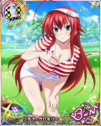 Rule 34 | 1girl, ahoge, blue eyes, breasts, card (medium), chess piece, cleavage, female focus, high school dxd, king (chess), large breasts, long hair, looking at viewer, nipples through clothes, official art, panties, red hair, rias gremory, shirt, shorts, solo, t-shirt, underwear, white panties