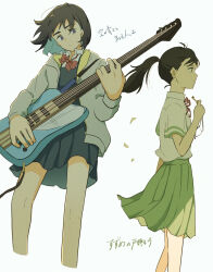 2girls aioi_aoi_(sora_no_aosa_o_shiru_hito_yo) bare_legs bass_guitar black_hair bow bowtie brown_hair closed_mouth collared_shirt copyright_name creator_connection cropped_legs dot_mouth dress floating_clothes floating_hair green_skirt highres holding holding_bass_guitar holding_instrument holding_key hood hooded_jacket instrument iwato_suzume jacket key light_frown loose_bowtie multiple_girls music open_clothes open_jacket pinafore_dress ponytail red_bow red_bowtie red_ribbon ribbon risui_ao shirt short_sleeves simple_background skirt sleeveless sleeveless_dress sora_no_aosa_o_shiru_hito_yo suzume_no_tojimari white_background wind wind_lift