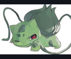 Rule 34 | animal focus, bulbasaur, claws, creatures (company), fang, furrowed brow, game freak, gen 1 pokemon, grimace, hideko (l33l3b), highres, nintendo, no humans, one eye closed, plant, pokemon, pokemon (creature), red eyes, simple background, solo, sweatdrop, toe claws, vines, white background