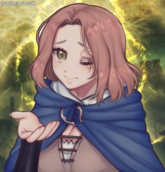 Rule 34 | 1girl, blue cape, brown hair, cape, closed mouth, elden ring, facial tattoo, gremlinarts, highres, looking at viewer, medium hair, melina (elden ring), one eye closed, outstretched arm, solo, tattoo, twitter username, upper body, yellow eyes