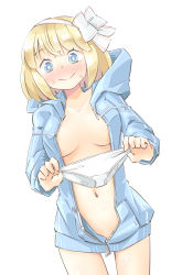 Rule 34 | 1girl, alice margatroid, arnest, bikini, bikini bottom only, blonde hair, blue eyes, blue hoodie, blush, bow, breasts, breasts apart, collarbone, embarrassed, hair bow, hairband, highres, holding, holding bikini, holding bikini bottom, holding clothes, holding swimsuit, hood, hoodie, jacket, large breasts, long sleeves, looking at viewer, naked hoodie, navel, nose blush, open clothes, open jacket, short hair, smile, solo, sweatdrop, swimsuit, thighs, touhou, unzipped, white background, white bikini, white bow
