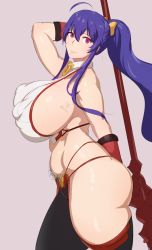 Rule 34 | 1girl, ahoge, blazblue, breasts, curvy, curvy, covered erect nipples, female pubic hair, huge breasts, kunaboto, long hair, looking at viewer, mai natsume, pink eyes, ponytail, pubic hair, purple hair, sideboob, smile, solo, thick thighs, thighs