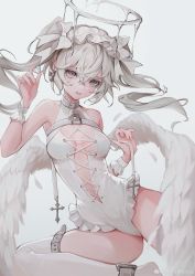 Rule 34 | 1girl, absurdres, bare shoulders, bell, belt, belt collar, breasts, breasts apart, center opening, chest strap, chinese commentary, collar, commentary request, cross, deadprince, feathered wings, frilled hairband, frills, grey eyes, hair between eyes, hairband, halo, hands up, heart, highres, holding, holding heart, leotard, long hair, looking at viewer, medium breasts, melting halo, midriff, neck bell, original, parted lips, simple background, solo, thighhighs, twintails, weibo watermark, white background, white belt, white hair, white hairband, white leotard, white thighhighs, white wings, wings, wrist cuffs