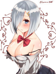 Rule 34 | 10s, 1girl, areola slip, bare shoulders, black bra, blue eyes, blush, bow, bowtie, bra, breasts, closed mouth, collarbone, from above, hair ornament, hair over one eye, hairclip, hamakaze (kancolle), heart, kantai collection, large breasts, long sleeves, looking at viewer, off shoulder, one eye covered, pleated skirt, red bow, red bowtie, sakiryo kanna, school uniform, shirt, short hair, silver hair, skirt, solo, tears, underwear, upper body, white shirt