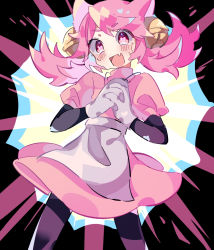 Rule 34 | 1girl, animal ears, bell, black thighhighs, breasts, cat ears, cat tail, gloves, hair bell, hair ornament, highres, mad mew mew, magical girl, medium breasts, one eye closed, pink hair, skirt, solo focus, tail, thighhighs, twintails, undertale, white gloves