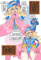 Rule 34 | 1boy, 1girl, absurdres, animal ears, animal nose, annoyed, armor, bare shoulders, beaver warrior, blonde hair, blue armor, blue capelet, blue hat, blue leotard, blush stickers, breasts, brooch, buck teeth, cape, cape grab, capelet, conical hat, dark magician girl, gem, gold choker, green eyes, green gemstone, grey fur, hand on own hip, hand to own mouth, hat, highres, jewelry, large breasts, leotard, light frown, long eyelashes, looking down, neck ring, nico-neko, ojou-sama pose, open mouth, pale skin, pink cape, pink skirt, pointy hat, red gemstone, scared, showgirl skirt, skirt, sleeveless leotard, spiked helmet, spiked pauldrons, teeth, turn pale, wizard hat, yellow gemstone, yu-gi-oh!