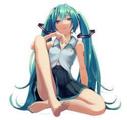 Rule 34 | 1girl, aqua eyes, aqua hair, aqua nails, arm on knee, arm support, bare shoulders, barefoot, black skirt, breasts, cleavage, commentary, from below, frown, hair ornament, half-closed eyes, hatsune miku, knee up, long hair, looking at viewer, looking down, nail polish, nokuhashi, parted lips, shirt, shoulder tattoo, skirt, sleeveless, sleeveless shirt, small breasts, solo, tattoo, twintails, very long hair, vocaloid, white background