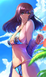 Rule 34 | 1girl, :d, bad id, bad pixiv id, bikini, blue eyes, breasts, chikushi nitouhei, cloud, day, flower, large breasts, long hair, navel, open mouth, original, sky, smile, solo, swimsuit