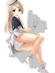Rule 34 | 1girl, ass, black shirt, blonde hair, blue eyes, crop top, cropped shirt, dress, from behind, gloves, hat, highres, jervis (kancolle), kantai collection, legs, long hair, looking back, lying, on side, open mouth, panties, shirt, short dress, smile, socks, solo, underwear, upskirt, white dress, white gloves, white panties
