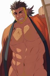 Rule 34 | 1boy, abs, another eidos-r, bara, bare pectorals, beard, bottomless, brown hair, chest hair, crow (siranui), eyebrow cut, facial hair, facial scar, groin, hand up, highres, japanese clothes, jinnosuke (another eidos), kimono, large pectorals, long hair, male focus, male pubic hair, mature male, mint, multicolored hair, muscular, muscular male, naked kimono, navel, navel hair, nipples, open clothes, open kimono, orange eyes, orange kimono, out-of-frame censoring, pectorals, pubic hair, scar, scar on cheek, scar on face, scar on stomach, seductive smile, smile, solo, spiked hair, stomach, thick eyebrows, two-tone hair