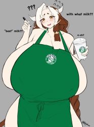 Rule 34 | ?, animal ears, apron, blush, braid, braided ponytail, breasts, brown eyes, brown hair, cow ears, cow girl, cow horns, cow tail, cup, gigantic breasts, highres, horns, iced latte with breast milk (meme), leche (ushijidraws), meme, multicolored hair, pen, starbucks, tail, two-tone hair, ushijidraws, white hair