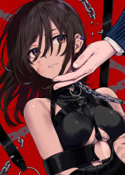 Rule 34 | 1girl, arisaka ako, bare shoulders, bdsm, breasts, brown eyes, brown hair, bruise, center opening, chain, chain leash, commentary request, ear piercing, highres, injury, leash, long hair, long sleeves, looking at viewer, medium breasts, original, parted lips, piercing, red background, restrained, revealing clothes, sidelocks, simple background, solo focus, upper body