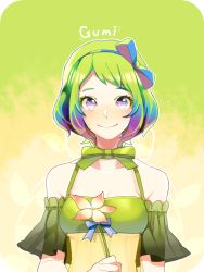 Rule 34 | + +, 1girl, alternate hair length, alternate hairstyle, bad id, bad pixiv id, bare shoulders, blush, bow, breasts, character name, cleavage, collarbone, eyebrows, eyelashes, flower, green hair, gumi, hair bow, hair ornament, holding, iso1206, md5 mismatch, medium breasts, multicolored hair, parted bangs, ribbon, see-through, short hair, sidelocks, smile, solo, source request, vocaloid
