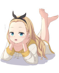Rule 34 | 1girl, :d, barefoot, black hairband, black ribbon, blonde hair, blue eyes, blush, collarbone, commentary request, drawstring, female focus, forehead, full body, hair ribbon, hairband, hands up, highres, hood, hood down, hoodie, kurumi (lycoris recoil), legs up, long hair, long sleeves, looking at viewer, lycoris recoil, lying, on stomach, open mouth, ribbon, shadow, simple background, smile, solo, takasuma hiro, the pose, translation request, very long hair, white background, white hoodie