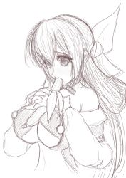 Rule 34 | 1girl, absurdres, banana, bare shoulders, breasts, center opening, choker, dizzy (guilty gear), eating, food, fruit, guilty gear, guilty gear x, guilty gear xx, hair between eyes, hair ornament, hair ribbon, highres, himechan, large breasts, long sleeves, looking at viewer, mature female, navel, puffy long sleeves, puffy sleeves, ribbon, saliva, sexually suggestive, sketch, solo, twintails, underboob, upper body