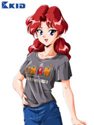 Rule 34 | 1girl, :d, blue pants, clothes writing, denim, grey shirt, hand on own hip, jeans, looking at viewer, matsuda yumi, medium hair, official art, open mouth, pants, pocket love, purple eyes, raised eyebrows, red hair, shirt, simple background, smile, solo, t-shirt, white background