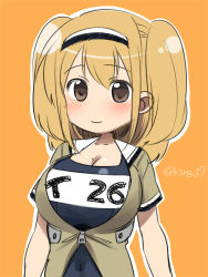 Rule 34 | 10s, 1girl, breasts, brown eyes, covered navel, hairband, i-26 (kancolle), kantai collection, kisaragi hina, large breasts, light brown hair, long hair, looking at viewer, name tag, new school swimsuit, no nose, one-piece swimsuit, open clothes, orange background, sailor collar, school swimsuit, short sleeves, smile, solo, swimsuit, swimsuit under clothes, twitter username, two-tone hairband, two side up
