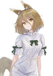 1girl absurdres animal_ear_fluff animal_ears brown_eyes brown_hair closed_mouth commentary_request cowboy_shot fox_ears fox_girl fox_tail hair_between_eyes highres kashiwada_kiiho kudamaki_tsukasa looking_at_viewer short_sleeves simple_background solo tail touhou white_background