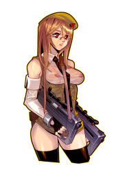 Rule 34 | 1girl, beret, breasts, brown hair, corset, covered erect nipples, fengmo, glasses, gloves, gun, hat, long hair, medium breasts, necktie, nipples, pinky out, red eyes, see-through, simple background, solo, thighhighs, uniform, weapon, white background, zettai ryouiki